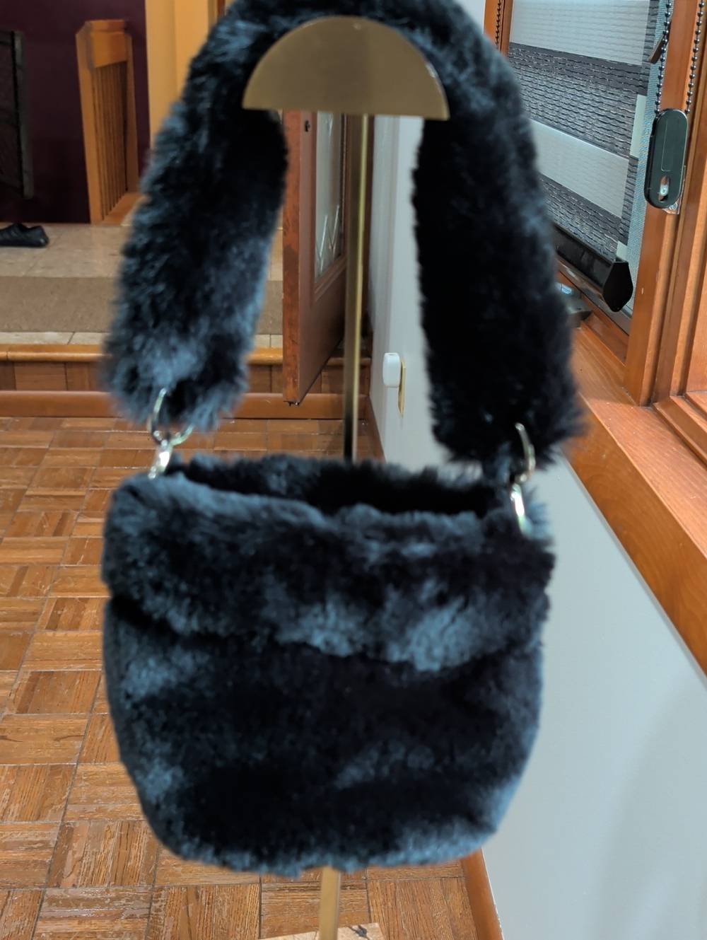 Gianni Bini Black Plush Faux Fur Bucket Shoulder Bag